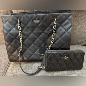 Kate Spade Quilted Black Shoulder Bag with Gold Accents and Matching Wallet